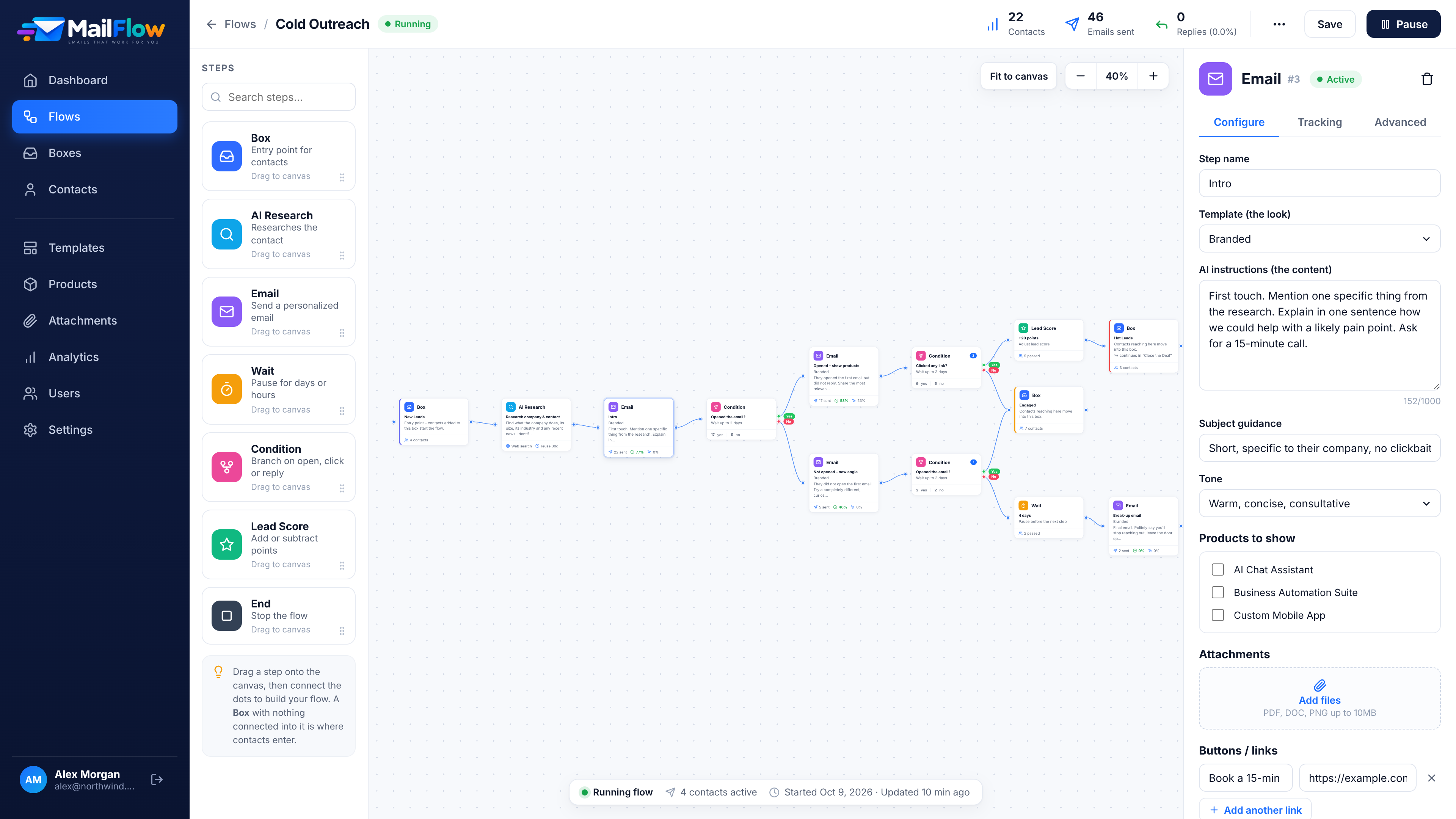 MailFlow flow builder with the Cold Outreach campaign